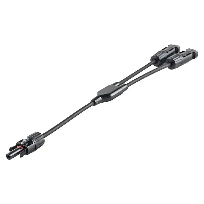 Solarkabel - Passend für: 2 Module, Schwarz - Schwarzes Y-Verzweigungskabel für Solaranlagen mit einem MC4-Buchsen- und zwei MC4-Steckeranschlüssen.