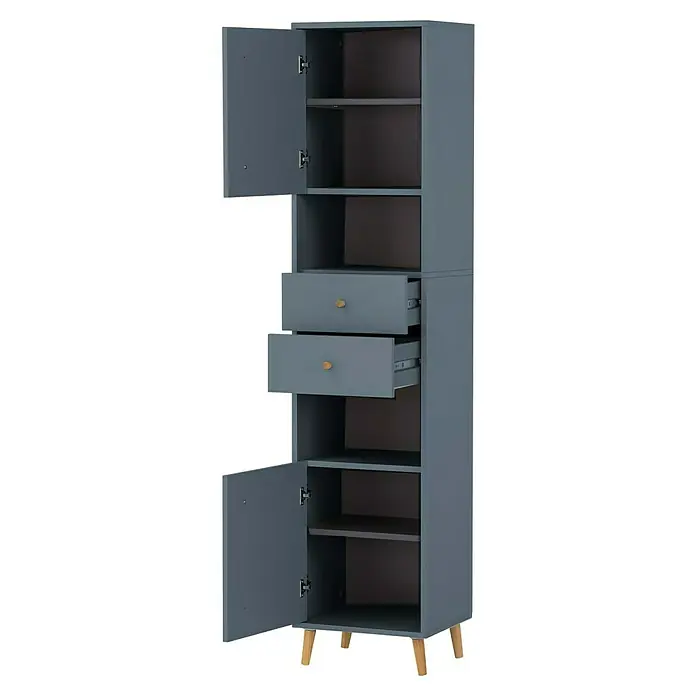 Schildmeyer Bjarne Hochschrank - B x T x H: 40,3 x 33,05 x 180,6 cm, Fjord, Matt - Hoher grauer Stauraumschrank mit zwei offenen Türen, zwei teils geöffneten Schubladen mit Holzknöpfen und mehreren Regalböden, auf Holzbeinen.