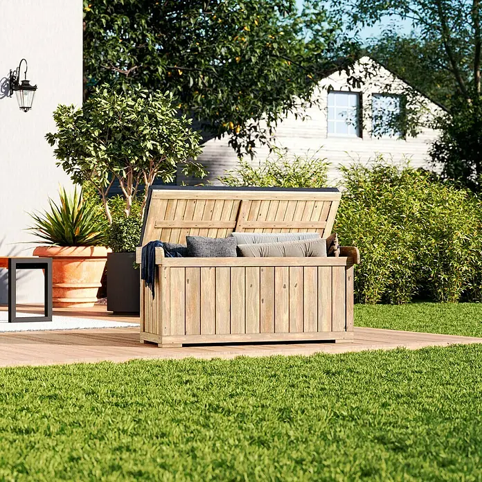 Promadino Gartenbox - L x B x H: 51 x 120 x 56 cm, Holz - Holzkiste für den Außenbereich zur Aufbewahrung von Kissen und Decken, ideal für Garten, Terrasse oder Balkon. Praktisch und stilvoll.