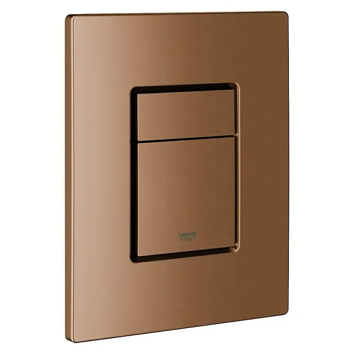 Grohe Betätigungsplatte Skate Cosmopolitan - Warm Sunset, Spül-Stopp-System - Nahaufnahme einer GROHE Arena Cosmopolitan Betätigungsplatte in gebürstetem Rotgold für stilvolle Badezimmer.