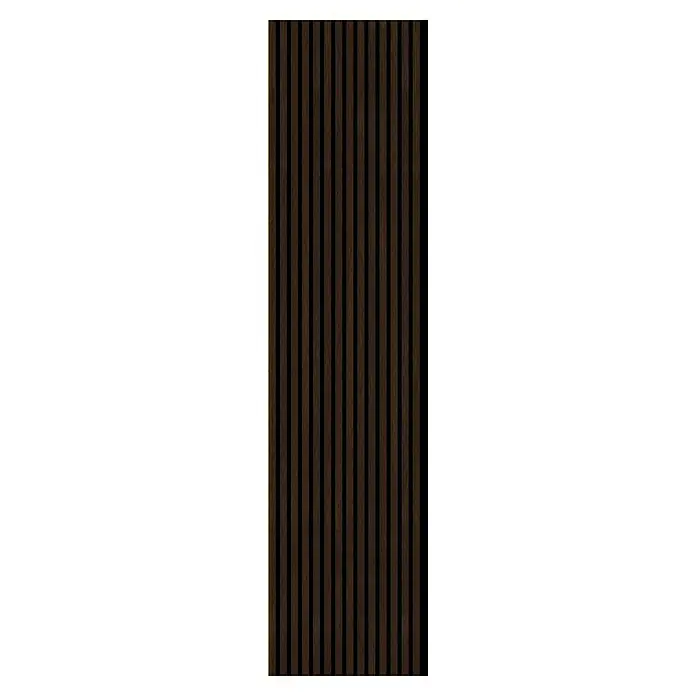 FN Neuhofer Akustikpaneel Aluminium Foliert - Eiche Medium, L x B x S: 2.400 x 565 x 17 mm - Eine Nahaufnahme einer dunkelbraunen Lamellenwand, die eine moderne und stilvolle Innenarchitektur betont.\n