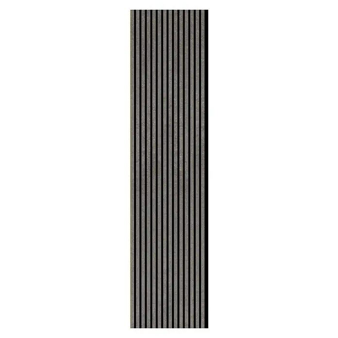 FN Neuhofer Akustikpaneel Aluminium Foliert - Beton, L x B x S: 2.400 x 565 x 17 mm - Bild einer grau gestreiften Wandpaneele mit abwechselnd dunklen Streifen und einem schmalen goldenen Akzent am Rand.