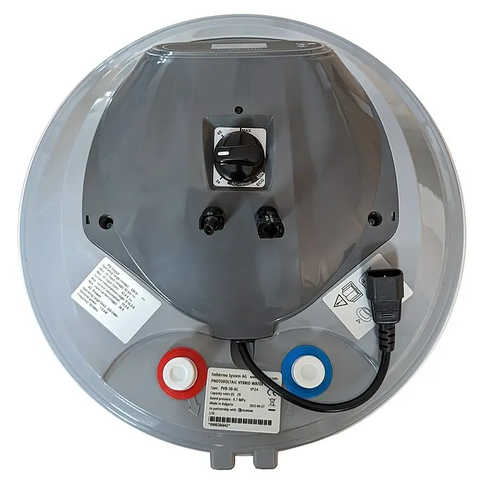Boiler Solar-Hybrid - 29 l - Grau-weißer Photovoltaik-Hybrid-Warmwasserbereiter mit Temperaturregler, rot/blauen Anschlüssen und Spezifikationsetikett.