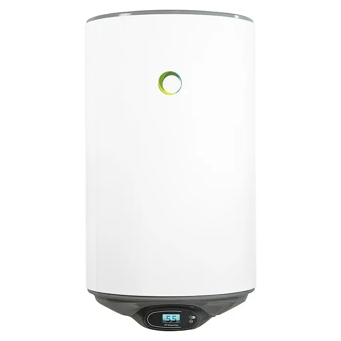 Boiler Solar - 77 l - Weißer Elektro-Warmwasserbereiter mit dunkelgrauem Sockel, Digitalanzeige (55) und farbigem Kreis-Logo.