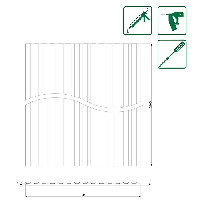 FN Neuhofer Akustikpaneel Aluminium Foliert - Eiche Medium, L x B x S: 2.400 x 565 x 17 mm - Technische Zeichnung eines Zaunelements mit gebogener Oberkante und den Maßen 2400 x 565 mm.
