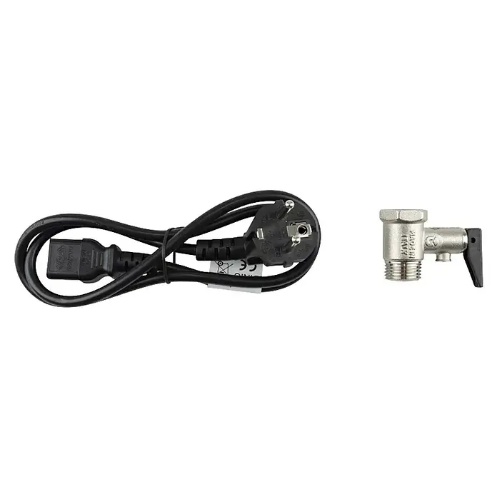 Boiler Solar-Hybrid - 29 l - Schwarzes Stromkabel mit IEC C13 Stecker und Schuko-Stecker, sowie ein silbernes Sicherheitsventil mit schwarzem Hebel.