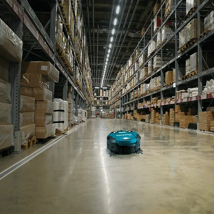 Makita LXT 18V Akku-Saugroboter DRC200Z - 18 V, Ohne Akku, Behältervolumen: 2,5 l, Akkulaufzeit: 200 min - Ein türkisfarbener Makita-Reinigungsroboter steht in einem Lagerhausgang und reinigt den Boden. Er ist effizient und automatisiert die Reinigung.