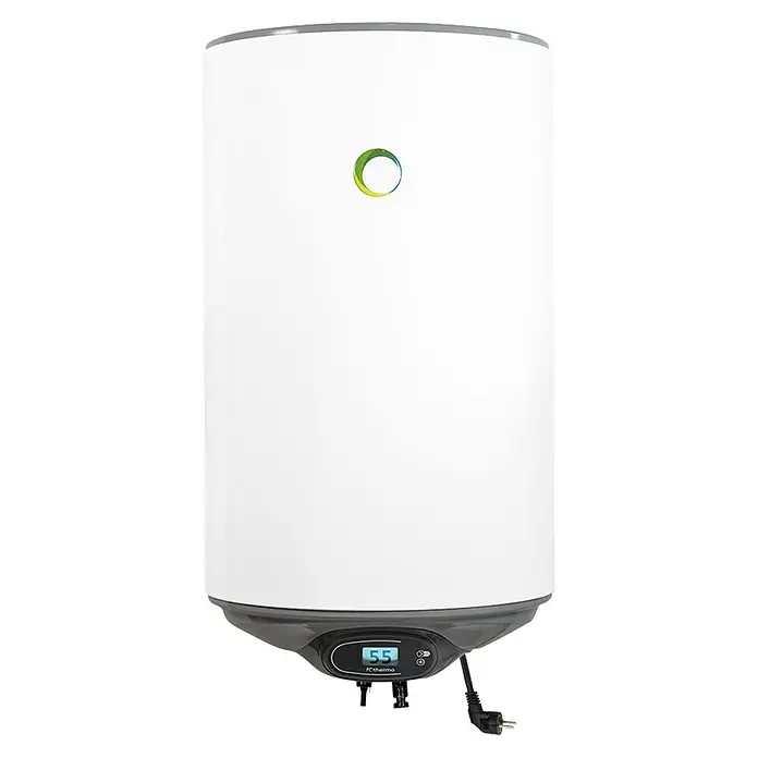 Boiler Solar-Hybrid - 77 l - Weißer zylindrischer Warmwasserspeicher mit schwarzem Sockel, Digitalanzeige (55) und farbigem Logo.