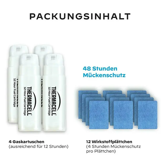 Thermacell Stechmückenschutz-Nachfüllpackung - Passend für: Alle Themacell Mückenabwehrgeräte, 48 h - 4 weiße Thermacell Gaskartuschen und 12 blaue Wirkstoffplättchen für 48 Stunden Mückenschutz.