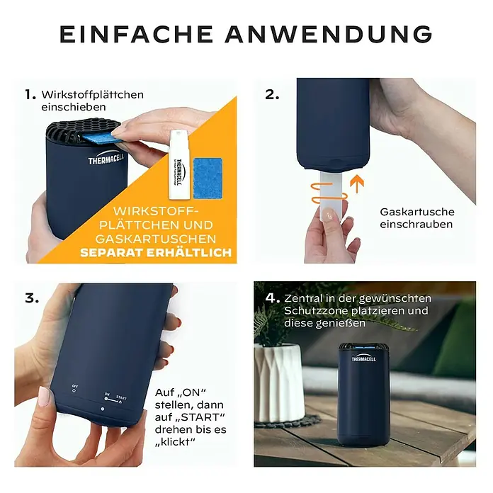 Thermacell Stechmückenschutz Gerät Protect ohne Wirkstoff - Navy Blue - Anleitung für den dunkelblauen Thermacell Mückenschutz: Wirkstoffplättchen einlegen, Gaskartusche einschrauben, einschalten und in der Schutzzone platzieren.