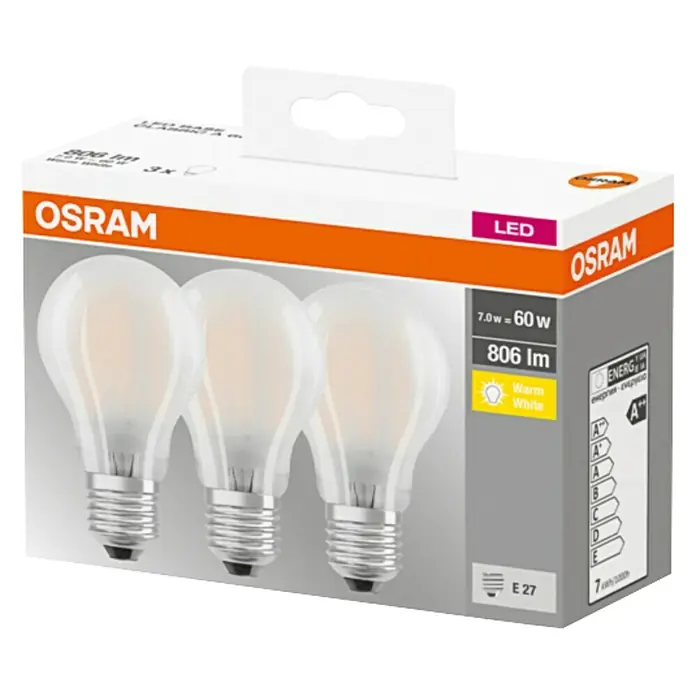 Osram Star LED-Lampen Set Glühlampenform E27 mattE27, Nicht Dimmbar, Warmweiß, 806 lm, 7 W, 3 Stk., Matt - Eine 3er-Packung Osram LED-Lampen, 7W entsprechend 60W, mit E27-Sockel und warmweißem Licht, ideal für stimmungsvolle Beleuchtung.