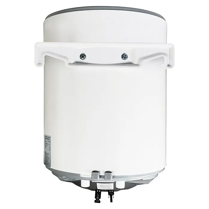 Boiler Solar - 29 l - Weiß-grauer zylindrischer Elektro-Warmwasserbereiter mit sichtbaren Anschlussrohren unten.
