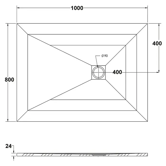 Ottofond Duschwanne Rosario - L x B: 100 x 80 cm, Anthrazit - Bild einer Duschwanne mit den Maßen 1000x800x24 mm und einem Durchmesser des Ablauflochs von 90 mm.