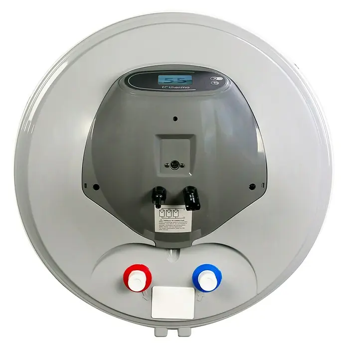 Boiler Solar - 77 l - Runder, hellgrauer Warmwasserbereiter mit Digitalanzeige „55“, roten und blauen Wasseranschlüssen und schwarzen Elektroanschlüssen.