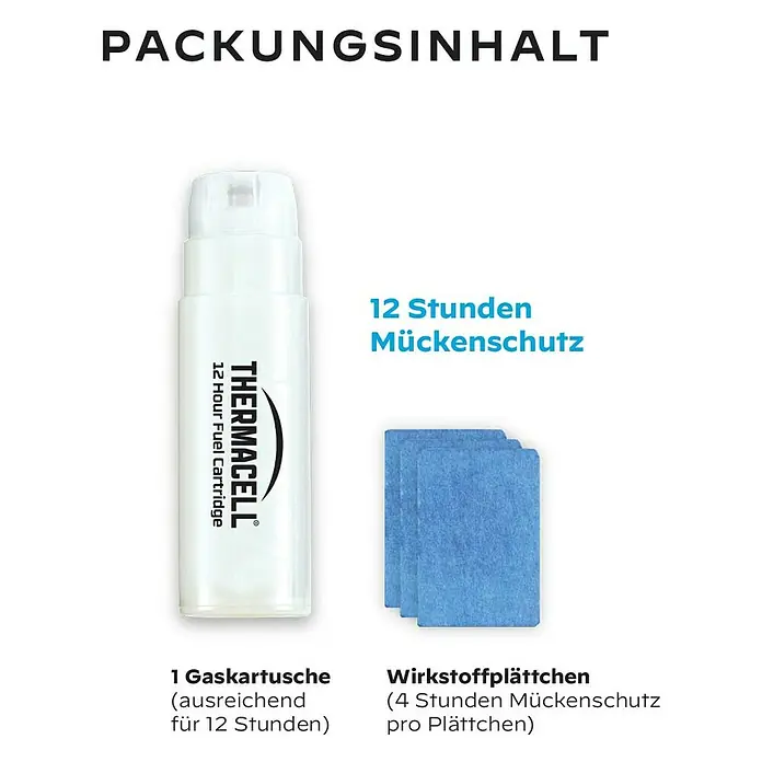 Thermacell Stechmückenschutz-Nachfüllpackung - Passend für: Alle Themacell Mückenabwehrgeräte, 12 h - Thermacell Mückenschutz-Nachfüllset: eine weiße 12-Stunden-Gaskartusche und drei blaue 4-Stunden-Wirkstoffplättchen.