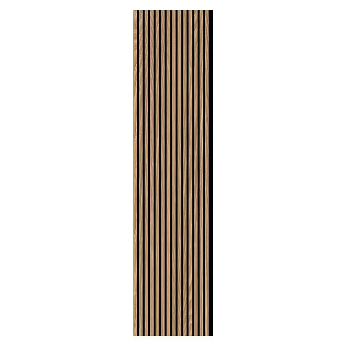 FN Neuhofer Akustikpaneel Aluminium Foliert - Eiche, L x B x S: 2.400 x 565 x 17 mm - Holzlamellenwandpaneel mit einem modernen Design. Die Paneele sind aus hellem Holz gefertigt und haben eine dunkle Rückseite.