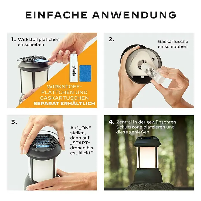 Thermacell Mückenstop-Laterne ohne Wirkstoff - Reichweite ca.: 20 m - Anleitung zur Montage und Bedienung eines tragbaren Mückenschutzgeräts, zeigt das Einsetzen von Komponenten und die Platzierung im Freien.