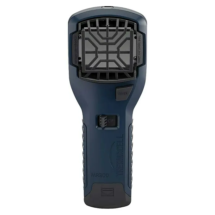 Thermacell Stechmückenschutz Handgerät ohne Wirkstoff - 105 x 105 x 235 mm - Dunkelblaues/graues tragbares Thermacell MR300 Mückenschutzgerät mit Gitter, 'START'-Taste und 'OFF'-Schalter.
