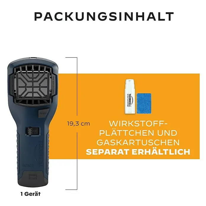Thermacell Stechmückenschutz Handgerät ohne Wirkstoff - 105 x 105 x 235 mm - Dunkelblaues, 19,3 cm hohes Thermacell Mückenschutzgerät. Gaskartusche und blaue Matte werden gezeigt, sind aber separat erhältlich.