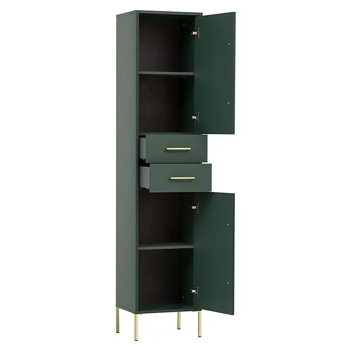 Schildmeyer Kent Hochschrank - B x T x H: 40,5 x 33,1 x 184,3 cm, Waldgrün, Matt - Dunkelgrüner Aufbewahrungsschrank mit offenen Türen und Schubladen, goldenen Griffen und Beinen.