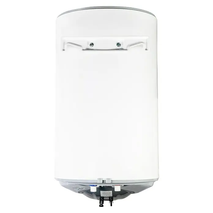 Boiler Solar - 77 l - Weißer zylindrischer Warmwasserbereiter mit sichtbarer Halterung und Anschlüssen unten.