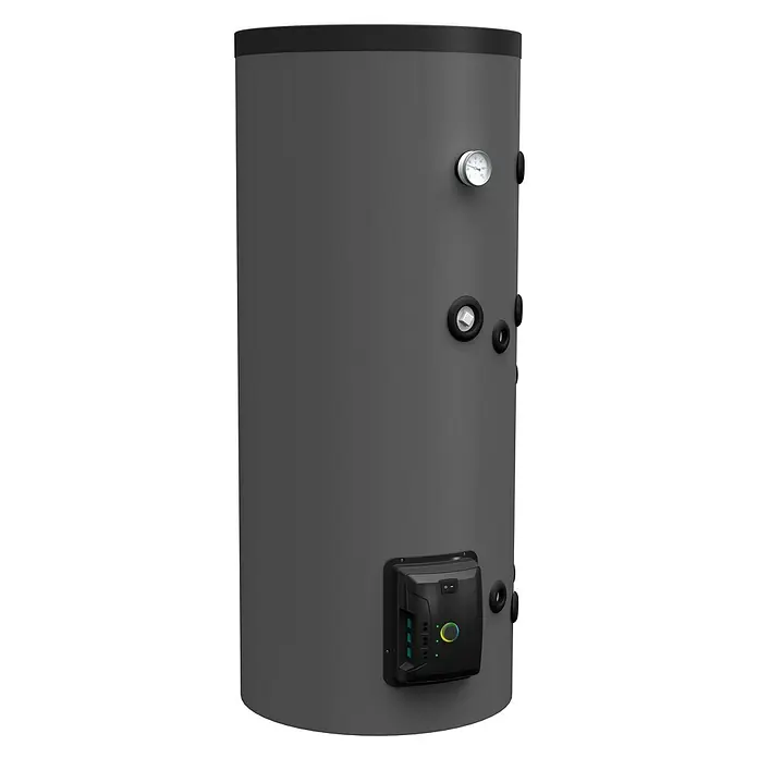 Warmwasserspeicher Solar - 186 l - Dunkelgrauer zylindrischer Warmwasserspeicher mit Thermometer und schwarzem Bedienfeld.