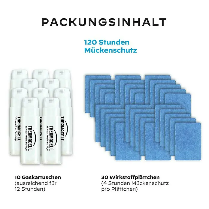 Thermacell Stechmückenschutz-Nachfüllpackung - Passend für: Alle Themacell Mückenabwehrgeräte, 120 h - Paket mit 10 weißen Thermacell 12-Stunden-Gaskartuschen und 30 blauen 4-Stunden-Mückenschutzplättchen.