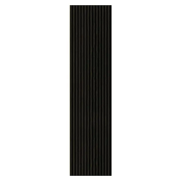 FN Neuhofer Akustikpaneel Aluminium Foliert - Eiche Dunkel, L x B x S: 2.400 x 565 x 17 mm - Elegantes Akustikpaneel mit dunklen Holzlatten und goldfarbenem Rand für eine stilvolle Wandgestaltung. Schallabsorbierendes Design für verbesserten Raumklang.