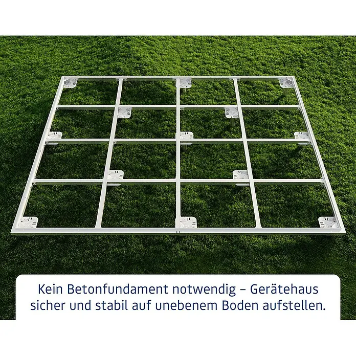 EcoStar Schraubfundament Typ 2 - Passend für: EcoStar Gerätehaus Euroline Trend - Weißes Metallfundament für Gerätehäuser, stabil auf unebenem Boden ohne Betonfundament.