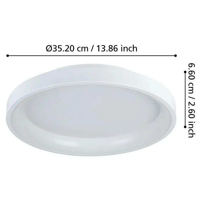 Eglo LED-Deckenleuchte Loretello - 12 W, Weiß, Warmweiß, Durchmesser: 35 cm - Nahaufnahme einer runden, weißen Deckenleuchte mit den Maßen Ø35,20 cm / 13,86 Zoll und einer Höhe von 6,60 cm / 2,60 Zoll.