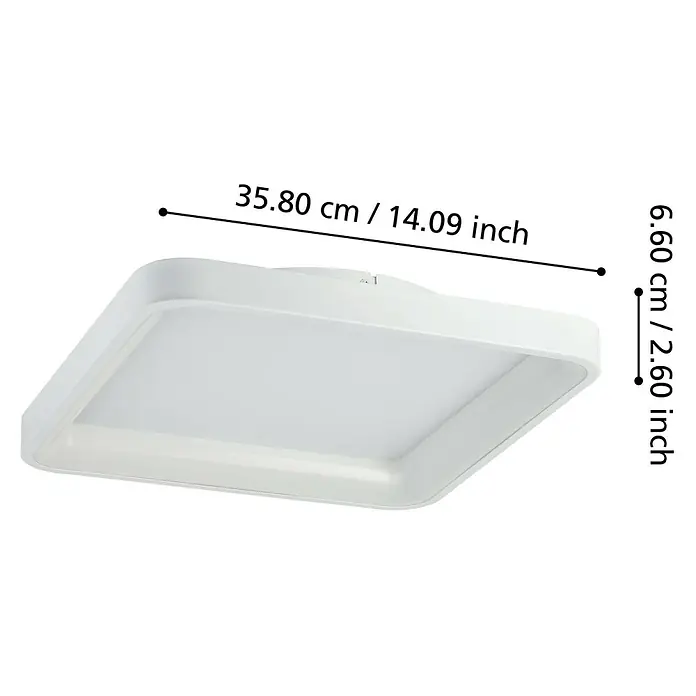 Eglo LED-Deckenleuchte Loretello - 12 W, L x B x H: 35 x 35 x 7,5 cm, Weiß, Warmweiß - Abbildung einer quadratischen, weißen LED-Deckenleuchte mit abgerundeten Ecken und den Maßen 35,80 cm x 6,60 cm.