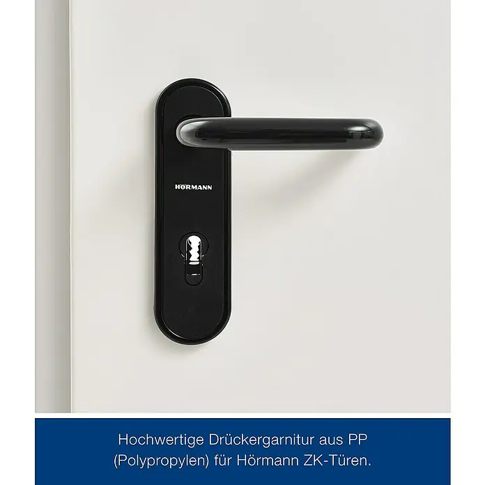 Hörmann ZK-Element - 75 x 212,5 cm, DIN Anschlag: Rechts, Verkehrsweiß - Schwarze Drückergarnitur aus Polypropylen für Hörmann ZK-Türen mit Schlüsselloch.