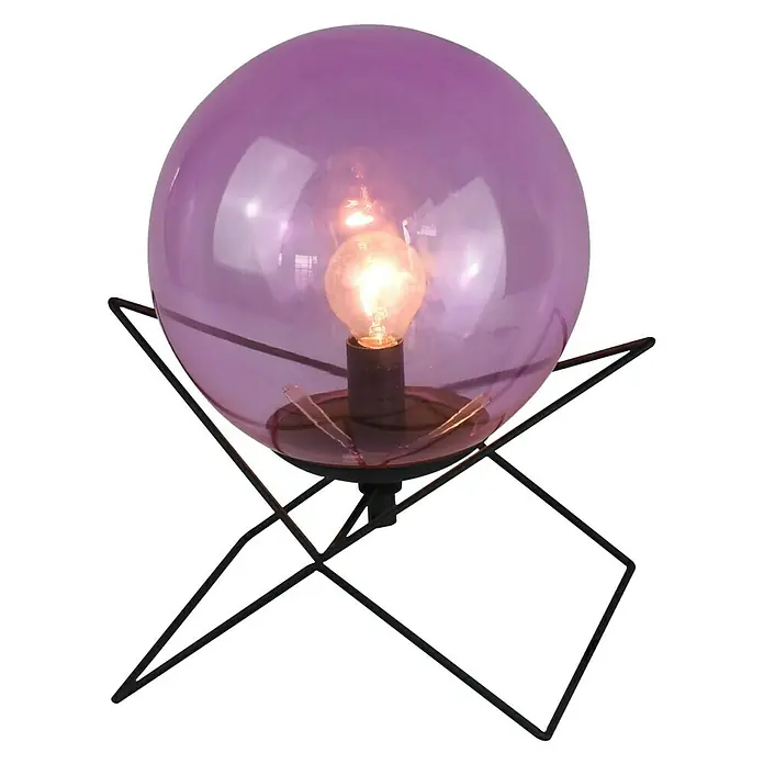Tween Light Tischleuchte rund Via - 40 W, Ø x H: 200 mm x 27,5 cm, Rosa, E14 - Nahaufnahme einer lila Kugel-Tischleuchte mit einem schwarzen, geometrischen Drahtfuß.