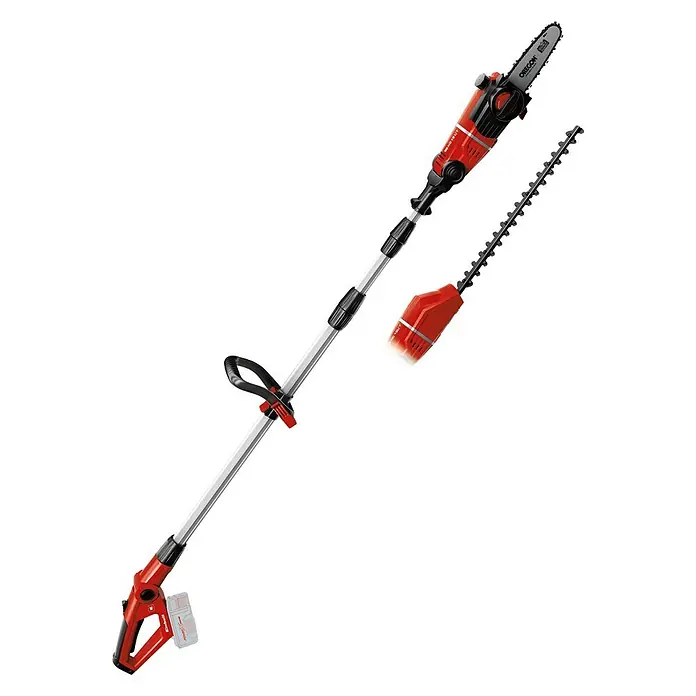 Einhell Power X-Change 18V Akku-Multifunktionswerkzeug GE-HC 18 Li T-Solo - 18 V, Li-Ionen, Ohne Akku, Schnittlänge: 40 cm - Abbildung einer Einhell Akku-Hochentaster-/Heckenscheren-Kombination. Ideal für Baumpflege und Heckenschnitt in schwer zugänglichen Bereichen.