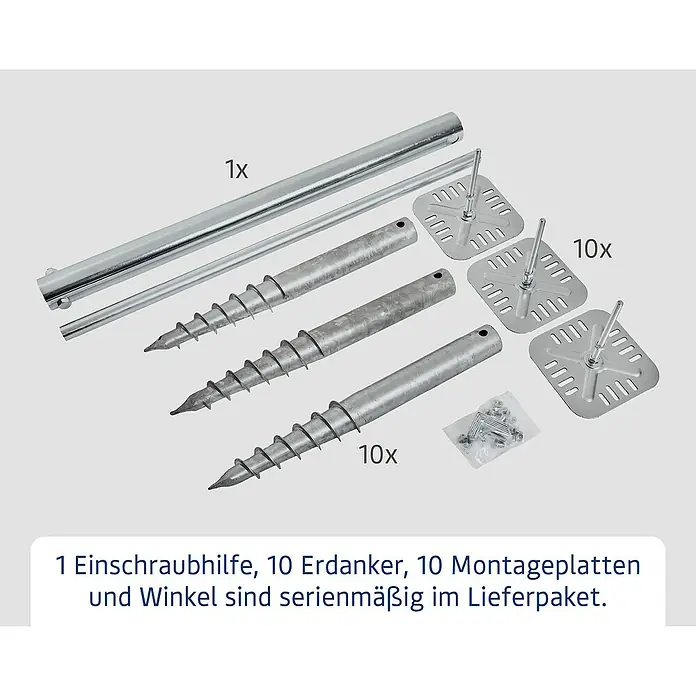 EcoStar Schraubfundament Typ 2 - Passend für: EcoStar Gerätehaus Euroline Trend - Verzinktes Metallset: 1 Einschraubhilfe, 10 Erdanker, 10 Montageplatten und Winkel, montagefertig.