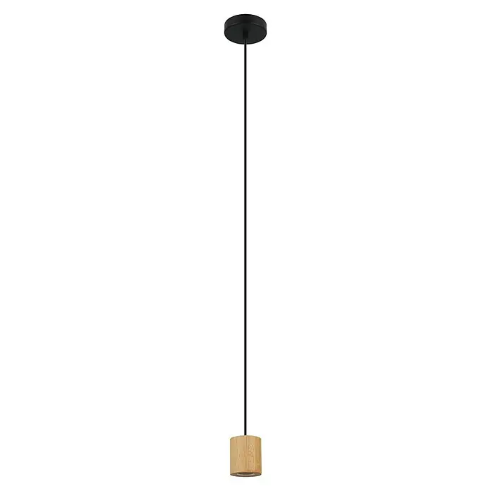 Eglo Pendelleuchte rund Turialdo - 28 W, Ø x H: 10,5 x 110 cm, Schwarz/Braun, E27 - Pendelleuchte mit schwarzem runden Deckenbaldachin, dünner schwarzer Stange und zylindrischem Fuß aus hellem Holz.