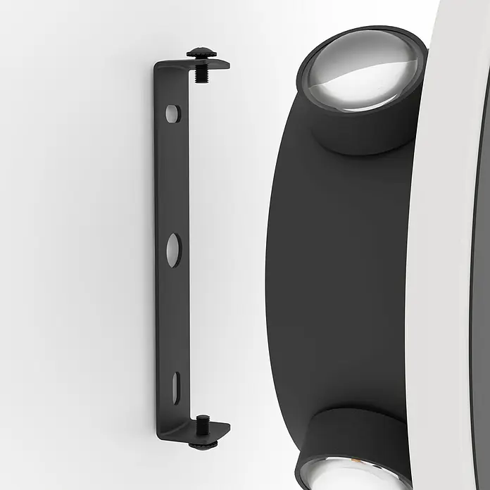 Eglo LED-Wandleuchte Talamello 1 - 12 W, Schwarz, Warmweiß, Durchmesser: 17 cm - Schwarze Metallhalterung mit Schrauben neben einer schwarzen Leuchte mit klaren Linsen.