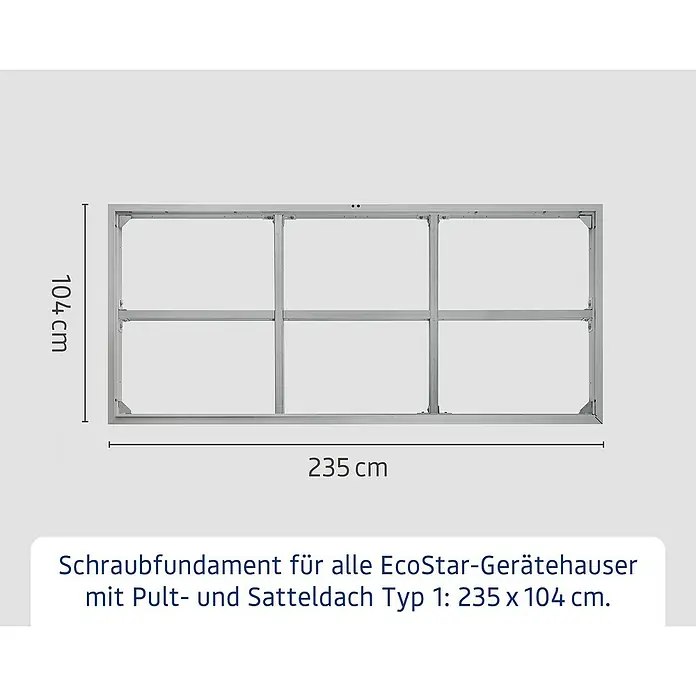 EcoStar Schraubfundament Typ 1 - Passend für: EcoStar Gerätehaus Euroline Trend - Silbernes Metall-Schraubfundamentrahmen, 235 x 104 cm, für EcoStar-Gerätehäuser.