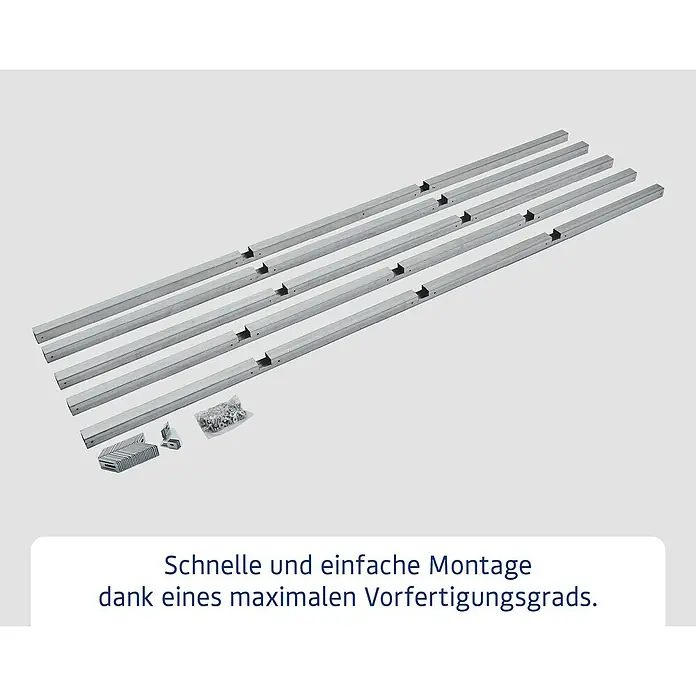EcoStar Schraubfundament Typ 2 - Passend für: EcoStar Gerätehaus Euroline Trend - Silberne Metallprofile, Winkelstücke und Befestigungsmaterial für ein vormontiertes Bausystem.