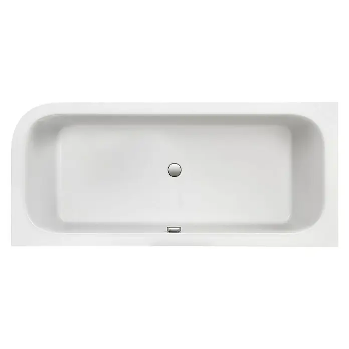 Ottofond Badewanne Bonita - 180 x 80 cm, Sanitäracryl, Weiß, Rechts, Mit Ab- und Überlaufgarnitur - Draufsicht auf eine moderne, rechteckige Badewanne in Weiß mit abgerundeten Ecken und einem mittig platzierten Abfluss.