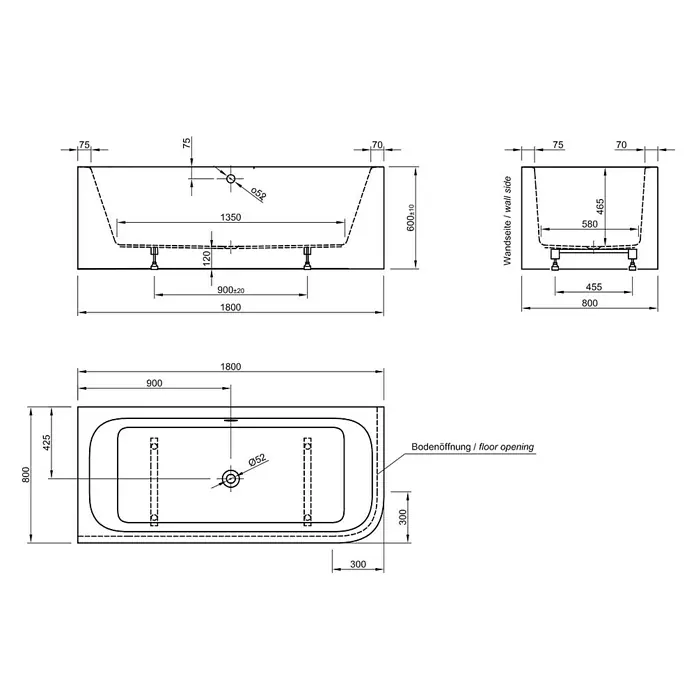 Ottofond Badewanne Bonita - 180 x 80 cm, Sanitäracryl, Weiß, Rechts, Mit Ab- und Überlaufgarnitur und Wannenrandarmatur - Technische Zeichnung einer Badewanne mit Maßangaben, inklusive Länge (1800mm), Breite (800mm) und Höhe (600mm).