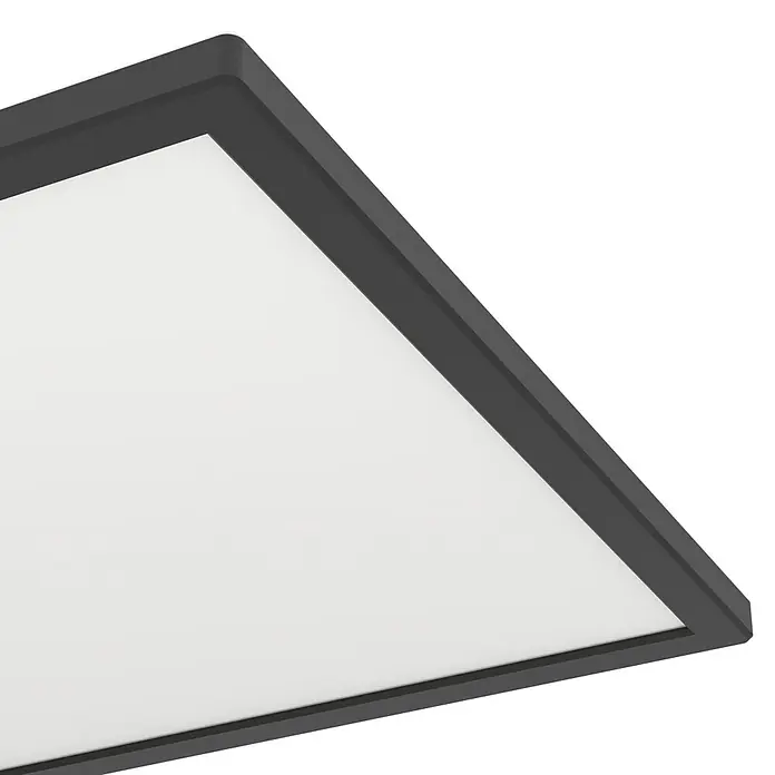 Eglo LED-Deckenleuchte Rovito-R - 17,6 W, L x B x H: 39 x 39 x 3 cm, Schwarz, Warmweiß - Nahaufnahme einer modernen quadratischen LED-Deckenleuchte mit schmalem, anthrazitfarbenem Rahmen und hellem, diffusem Licht für eine elegante Beleuchtung.