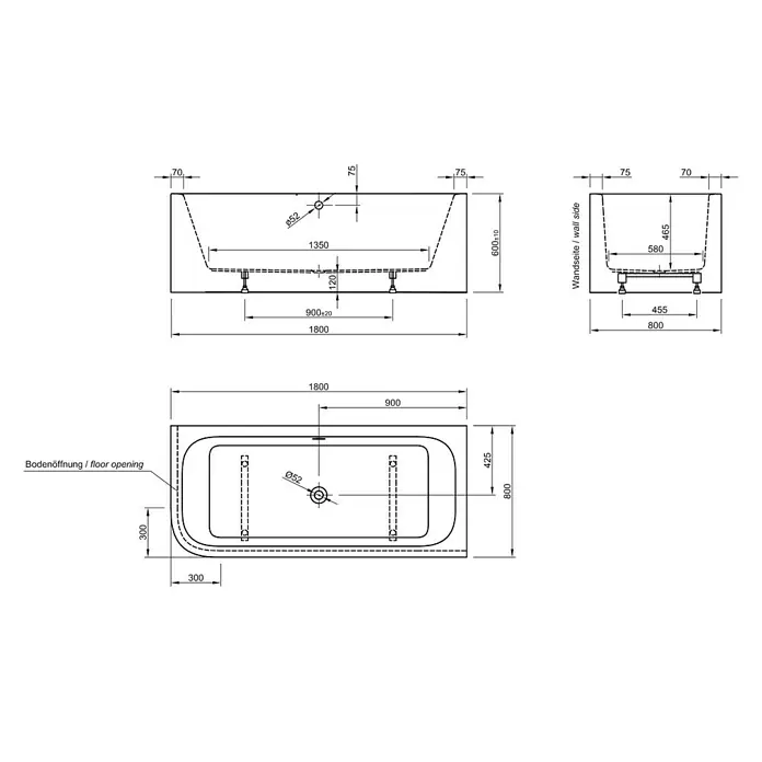 Ottofond Badewanne Bonita - 180 x 80 cm, Sanitäracryl, Weiß, Links, Mit Ab- und Überlaufgarnitur und Wassereinlauf - Technische Zeichnung der Badewanne mit allen Maßen für die Installation.