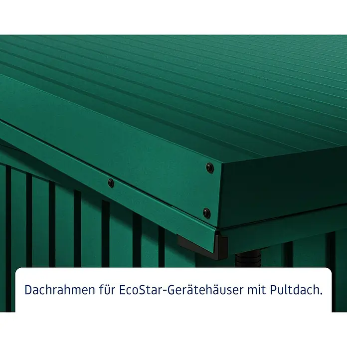 EcoStar Dachrahmen - Passend für: EcoStar Gerätehaus Typ 2, Grün - Dunkelgrünes Wellblechdach und Rahmen eines EcoStar-Gerätehauses mit Pultdach.