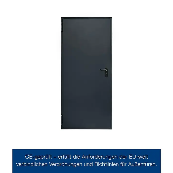 Hörmann Mehrzwecktür - 87,5 x 200 cm, DIN Anschlag: Links/Rechts, Anthrazitgrau - Bild einer CE-geprüften Außentür in Anthrazit, die den EU-weiten Verordnungen entspricht. Tür mit schwarzem Griff und Beschlägen.