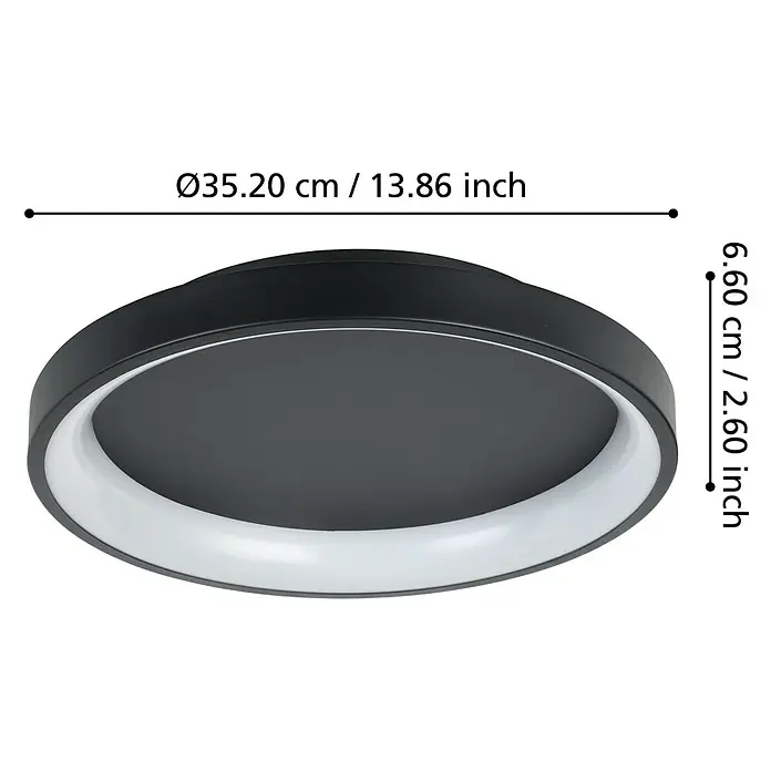 Eglo LED-Deckenleuchte Loretello - 12 W, Schwarz, Warmweiß, Durchmesser: 35 cm - Abbildung einer Deckenleuchte in runder Form mit den Maßen Durchmesser 35,20cm und Höhe 6,60cm.