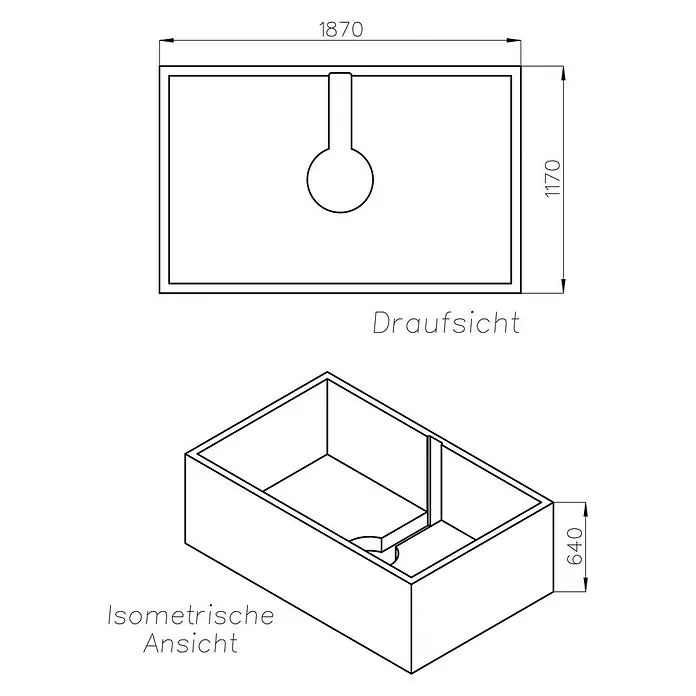 Ottofond Badewannenträger Phenix - Passend für: Ottofond Badewanne Phoenix 190 x 120 cm - Skizze einer rechteckigen Spüle mit den Maßen 1870 x 1170 x 640 mm, Draufsicht und isometrische Ansicht zur Veranschaulichung.