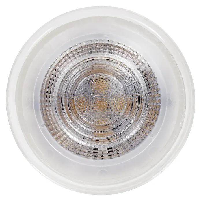 Eglo LED-Lampe Flat - GU10, Nicht Dimmbar, Neutralweiß, 400 lm, 4 W, 1 Stk. - Nahaufnahme einer LED-Lampe mit transparentem Gehäuse, die eine moderne Beleuchtungslösung für energieeffiziente Anwendungen bietet.