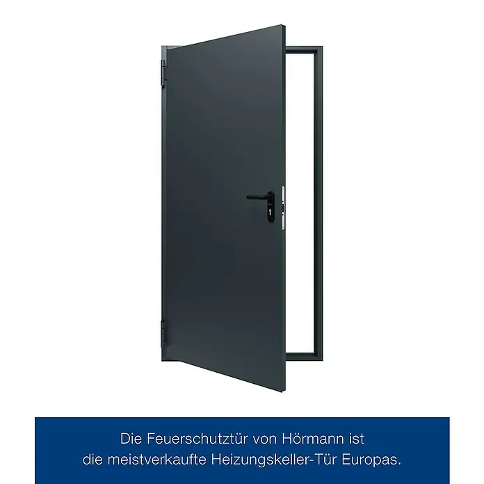 Hörmann Mehrzwecktür - 87,5 x 200 cm, DIN Anschlag: Links/Rechts, Anthrazitgrau - Graue Brandschutztür von Hörmann, die offen steht und einen Blick ins Innere ermöglicht.