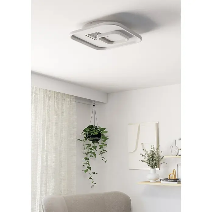Eglo LED-Deckenleuchte Tiriolo - 16,2 W, L x B x H: 38 x 38 x 6 cm, Neutralweiß - Weiße, moderne, quadratische Deckenleuchte mit Schichtdesign in einem hellen Raum.